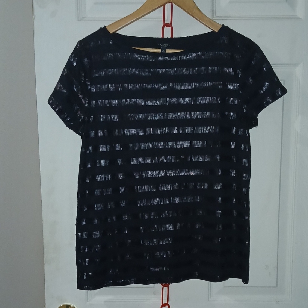 Talbots Black Striped Sheer Short Sleeve Top